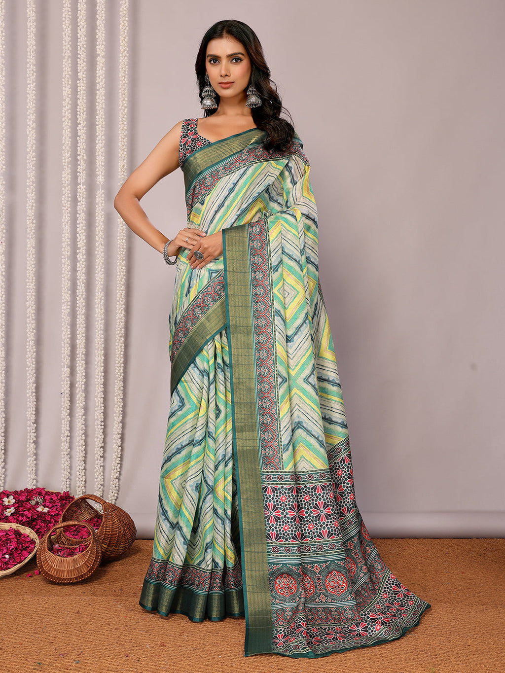 Janasya Green Chanderi Silk Chevron Printed Saree - Distacart