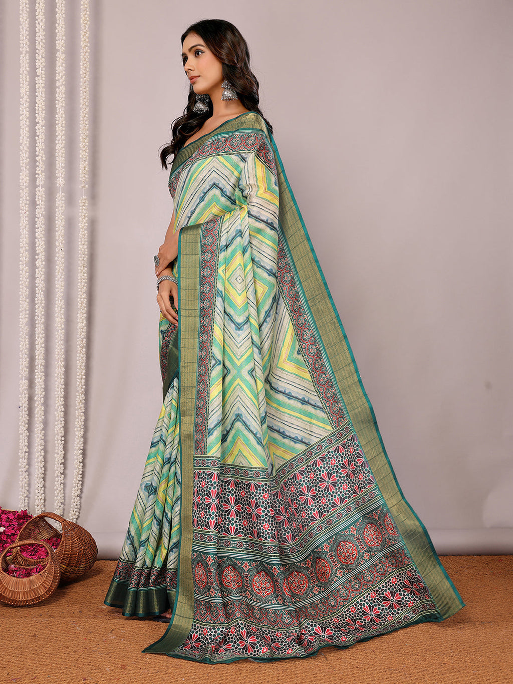 Janasya Green Chanderi Silk Chevron Printed Saree - Distacart