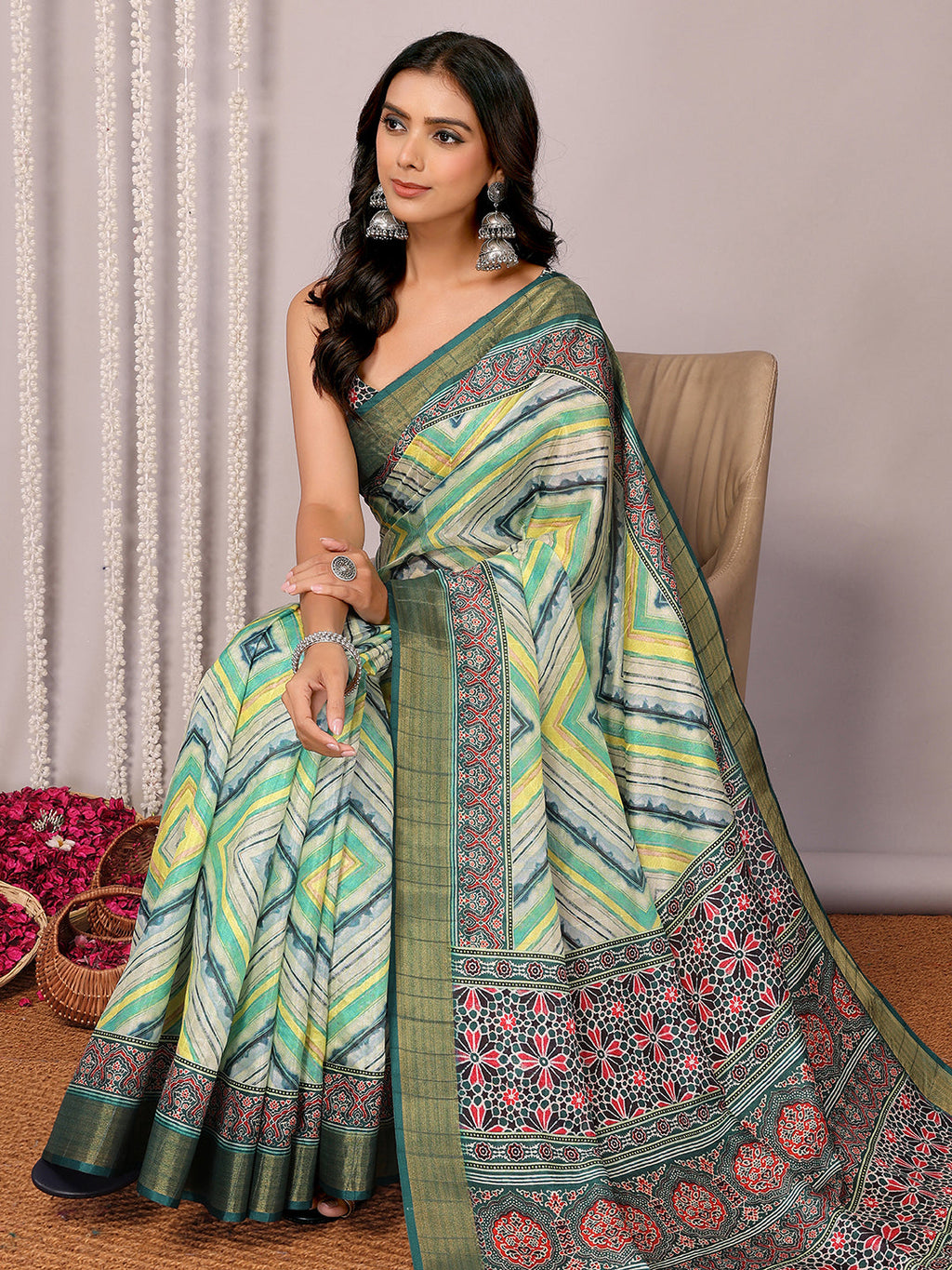 Janasya Green Chanderi Silk Chevron Printed Saree - Distacart
