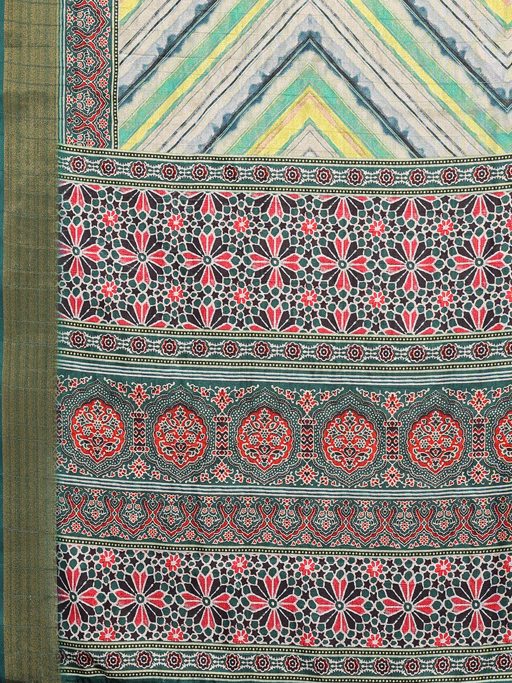 Janasya Green Chanderi Silk Chevron Printed Saree - Distacart