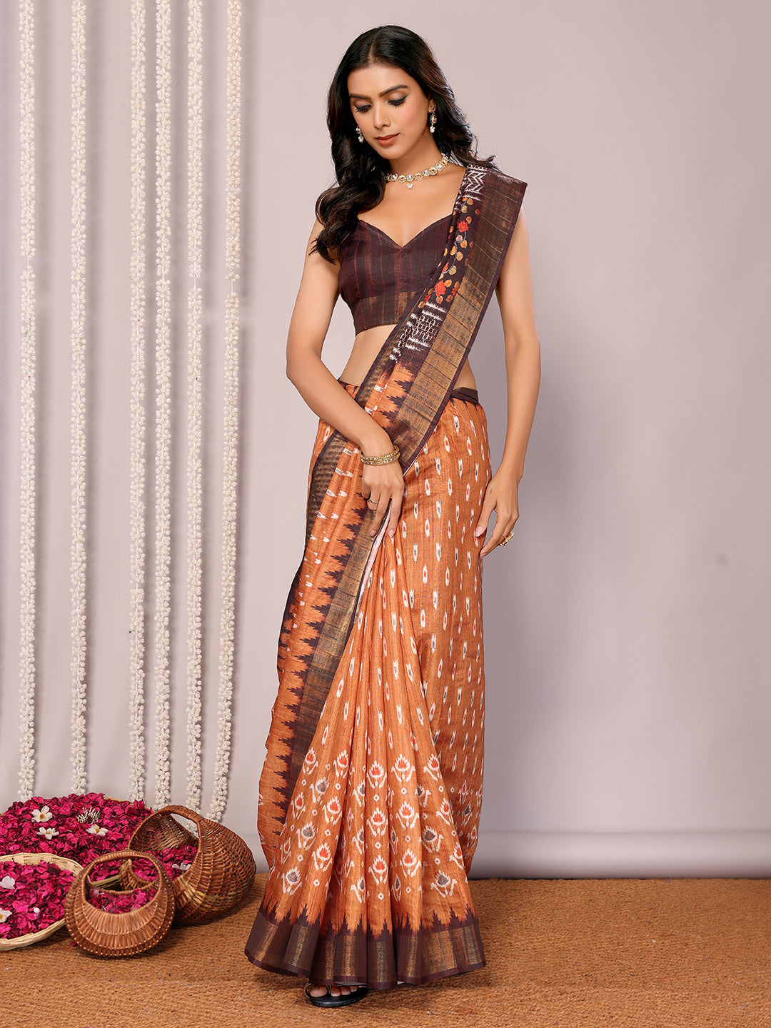 Janasya Orange Chanderi Silk Ikkat Printed Saree - Distacart