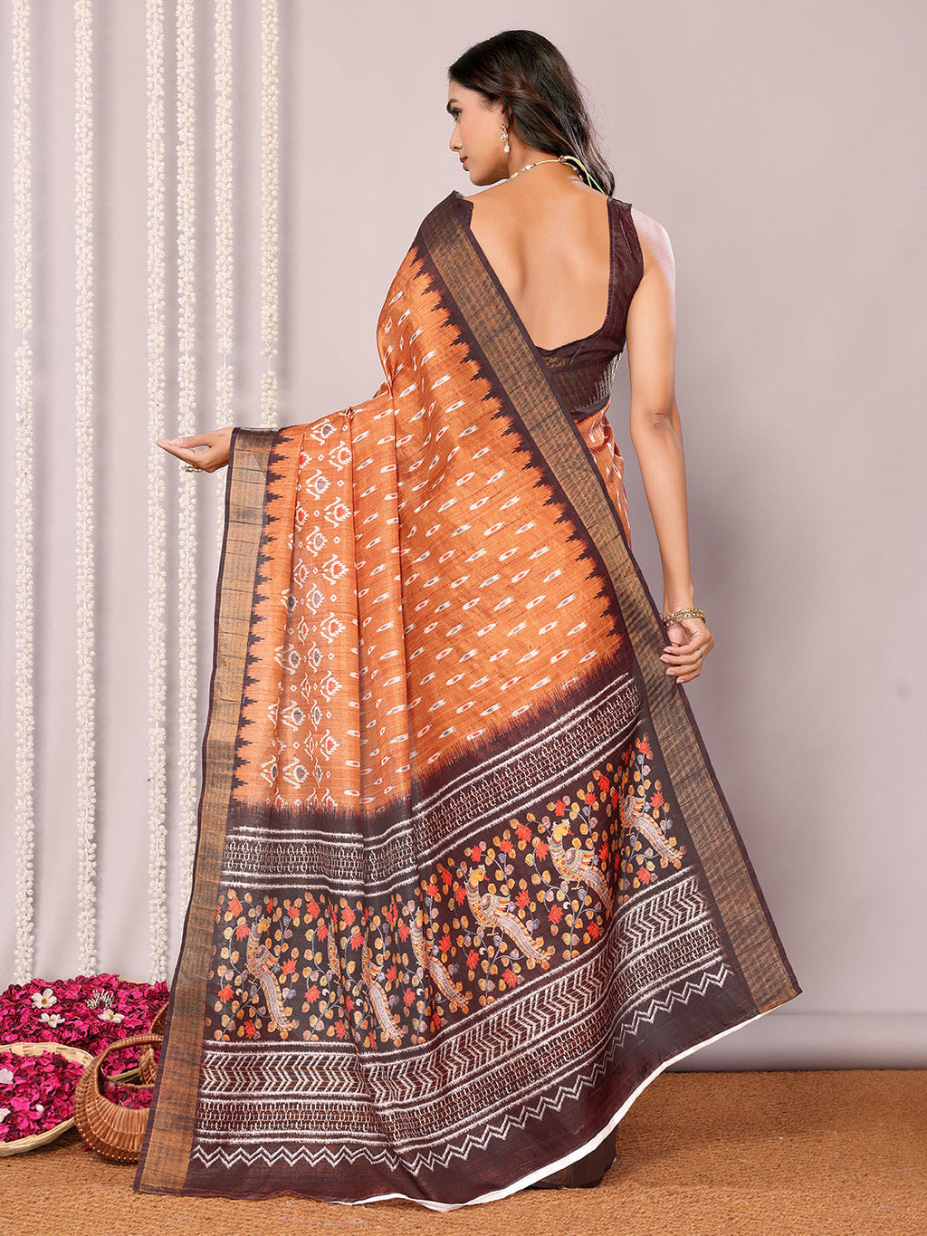 Janasya Orange Chanderi Silk Ikkat Printed Saree - Distacart