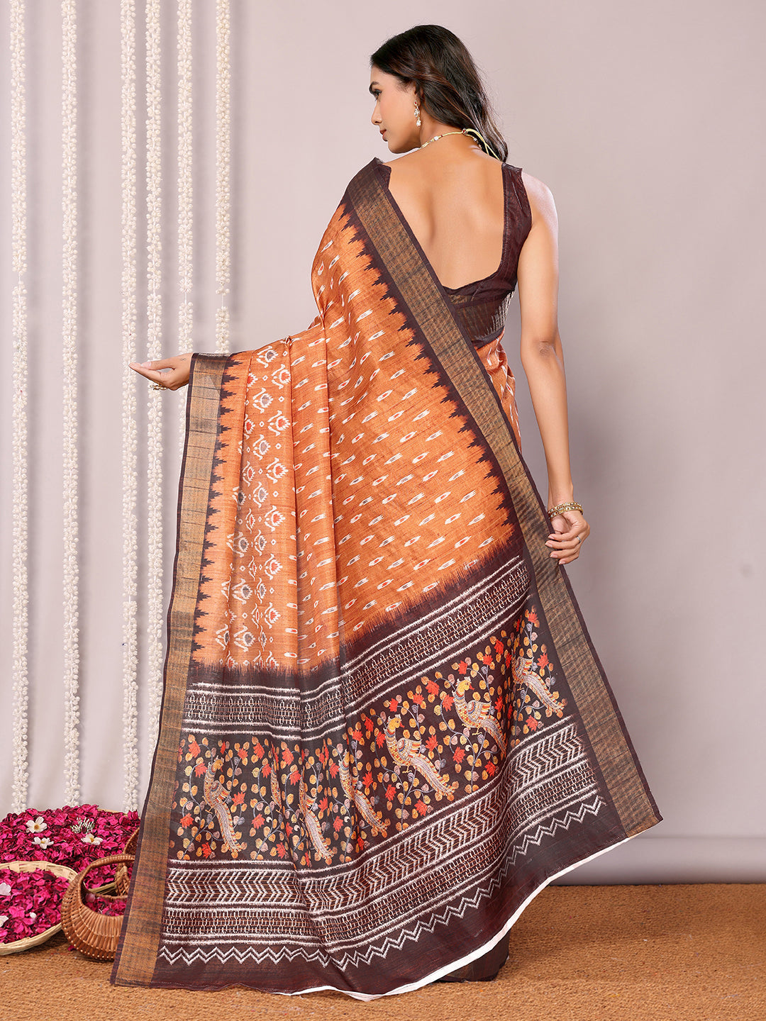 Janasya Orange Chanderi Silk Ikkat Printed Saree - Distacart