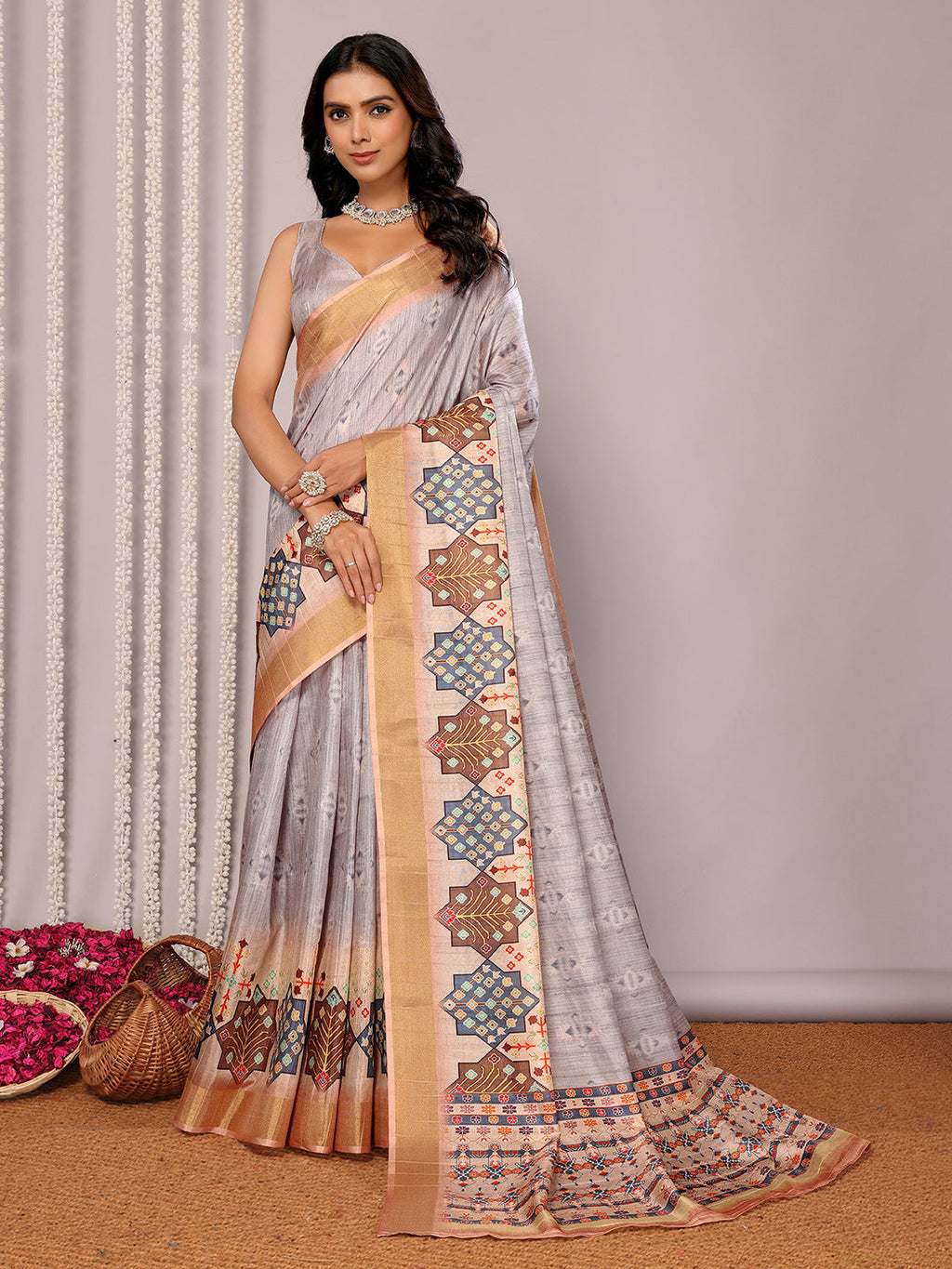 Janasya Beige Chanderi Silk Ethnic Print Printed Saree - Distacart