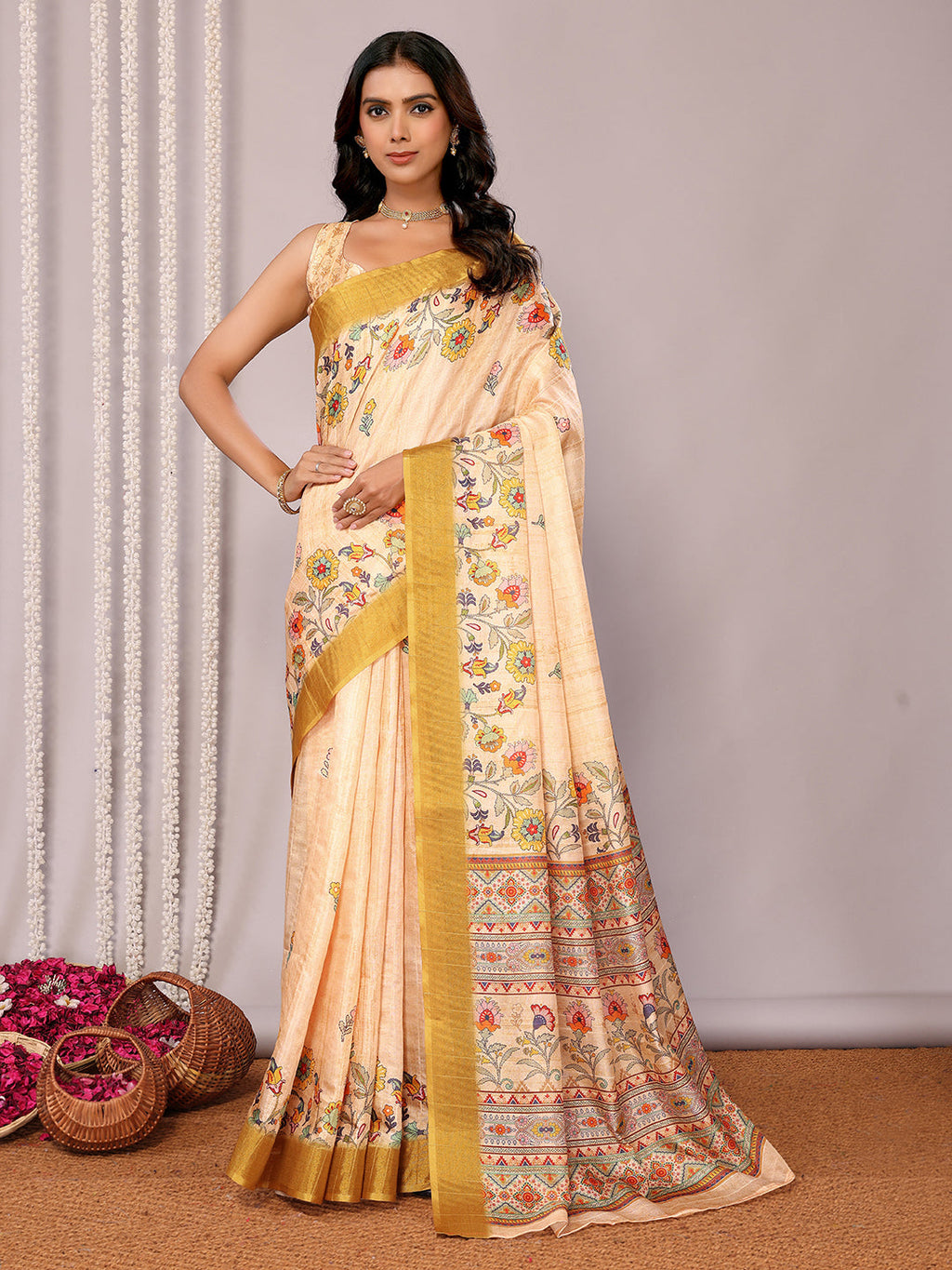 Janasya Beige Chanderi Silk Floral Printed Saree - Distacart
