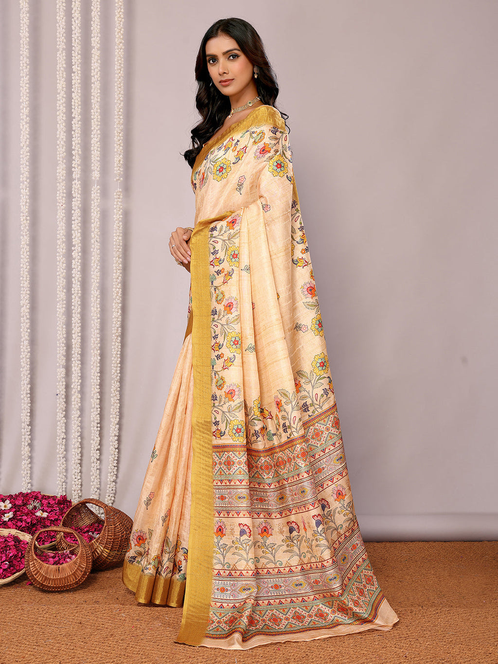 Janasya Beige Chanderi Silk Floral Printed Saree - Distacart