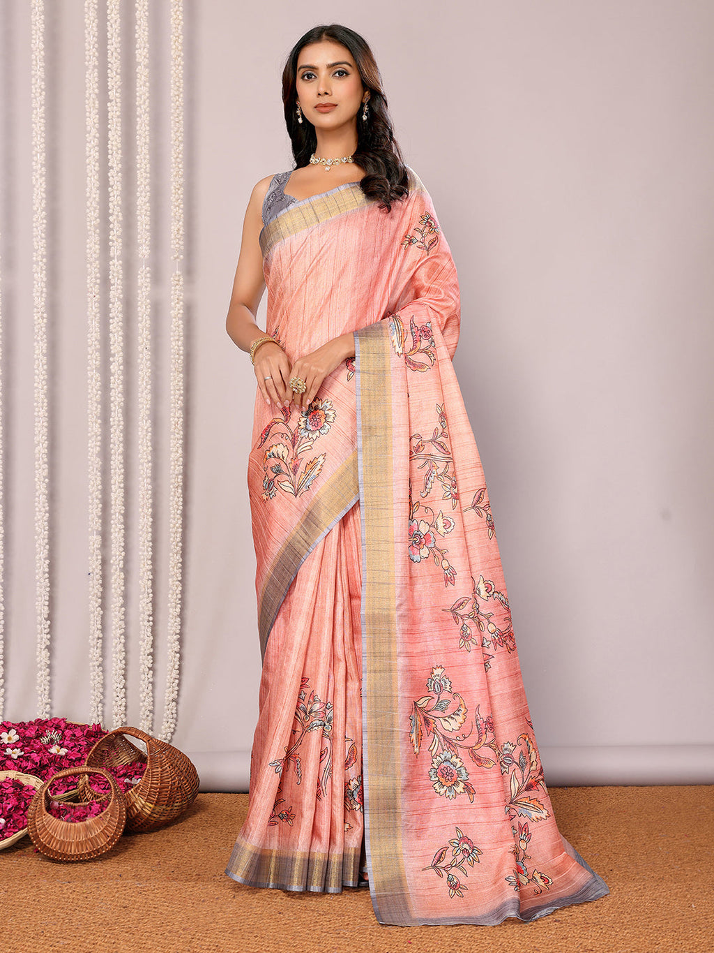 Janasya Peach Chanderi Silk Floral Printed Saree - Distacart