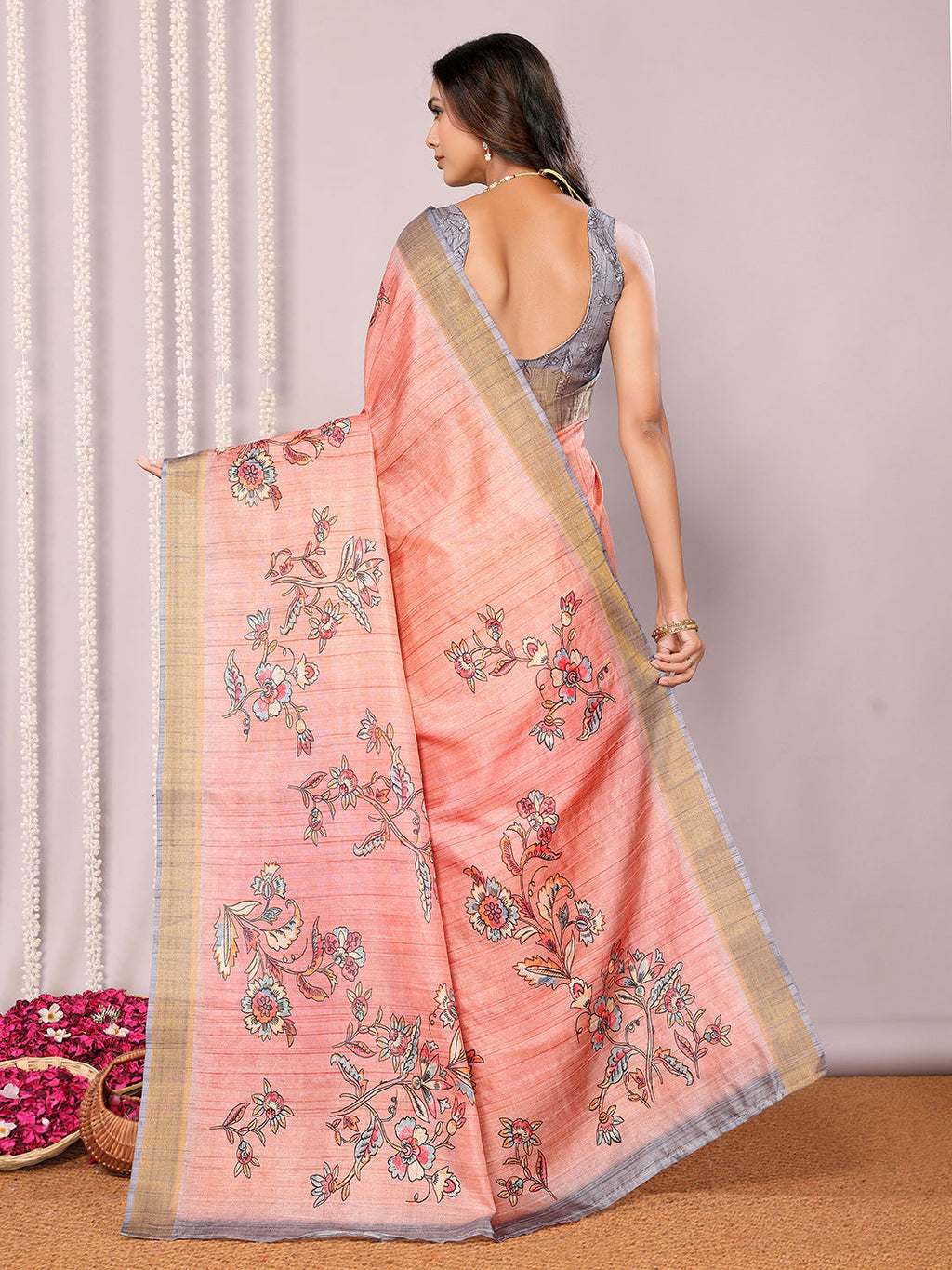Janasya Peach Chanderi Silk Floral Printed Saree - Distacart