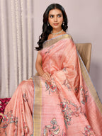 Janasya Peach Chanderi Silk Floral Printed Saree - Distacart