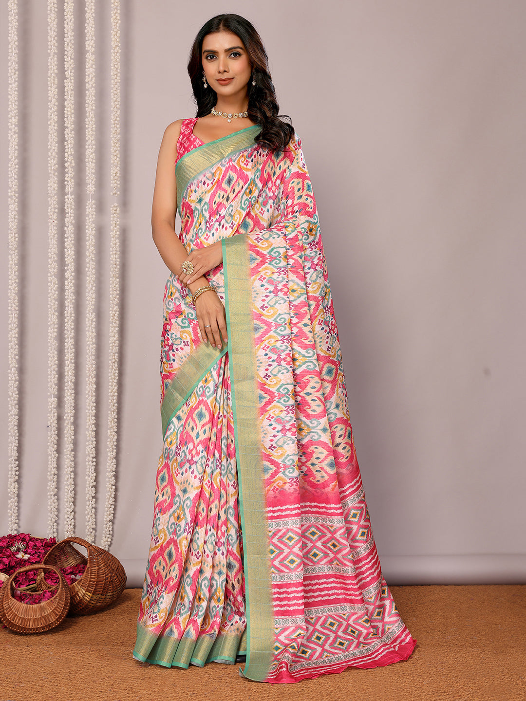 Janasya Pink Chanderi Silk Ikkat Printed Saree - Distacart