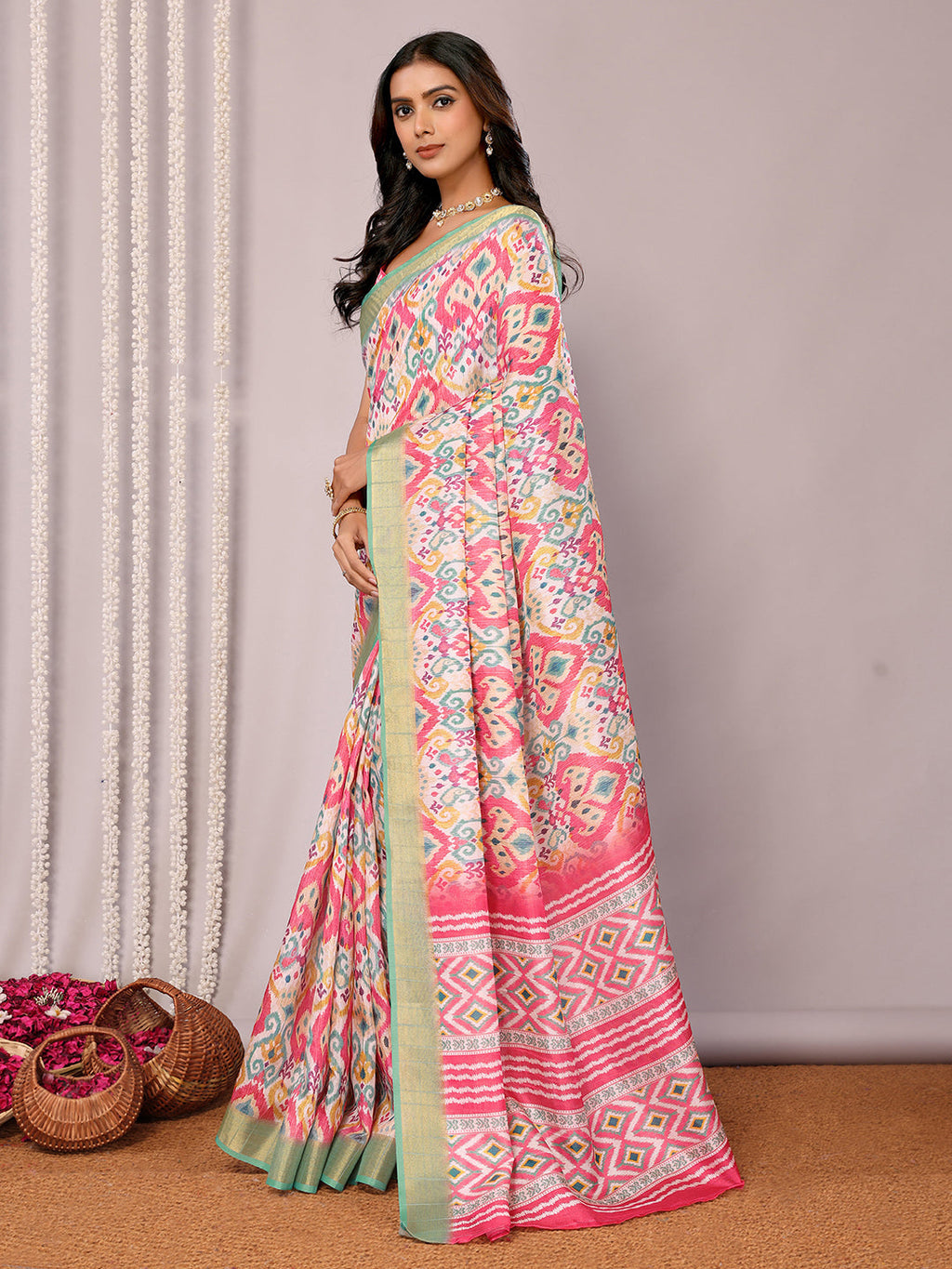 Janasya Pink Chanderi Silk Ikkat Printed Saree - Distacart