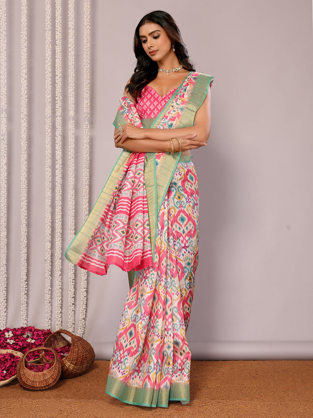 Janasya Pink Chanderi Silk Ikkat Printed Saree - Distacart