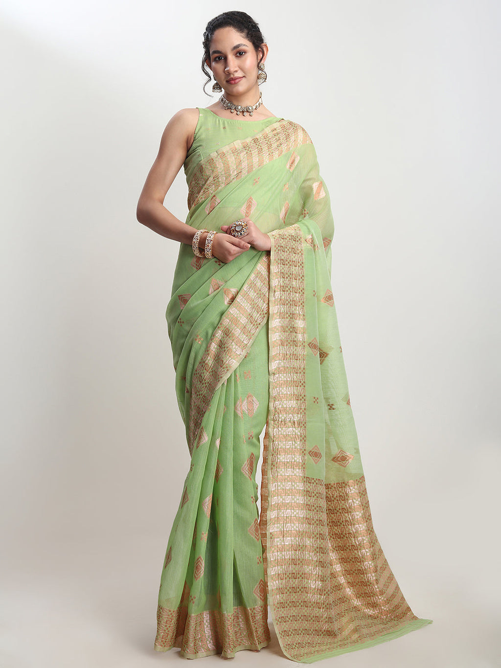 Janasya Green Linen Blend Geometric Jacquard Saree - Distacart