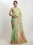Janasya Green Linen Blend Geometric Jacquard Saree - Distacart