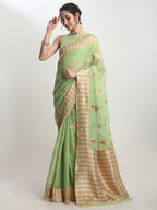 Janasya Green Linen Blend Geometric Jacquard Saree - Distacart
