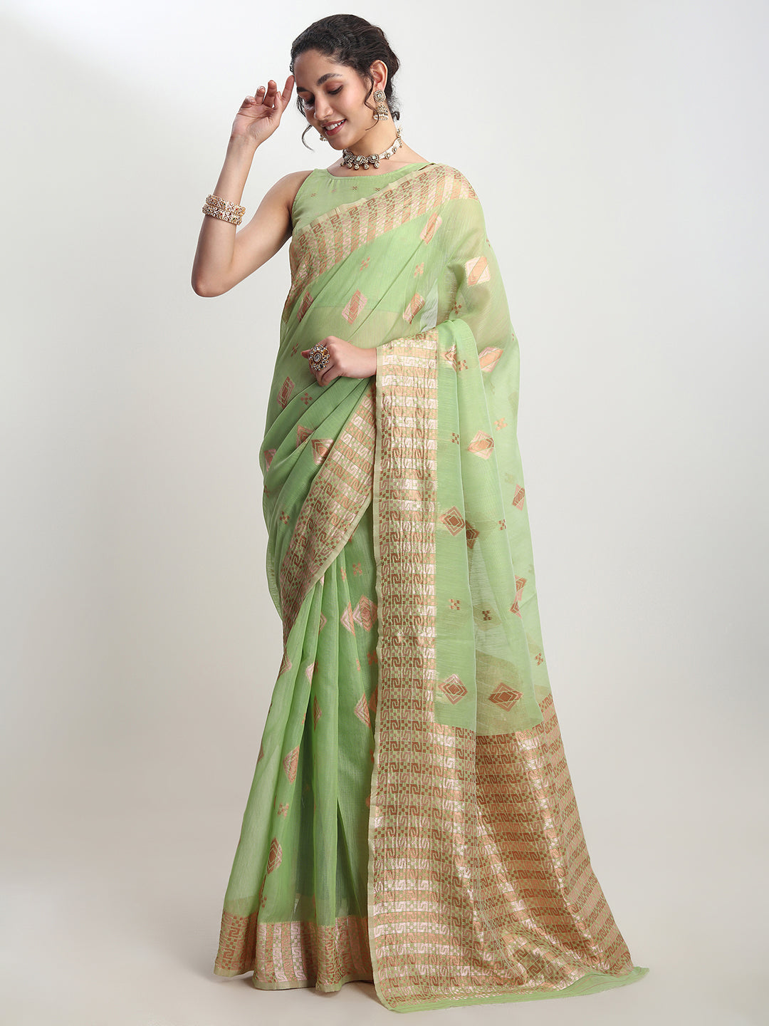 Janasya Green Linen Blend Geometric Jacquard Saree - Distacart