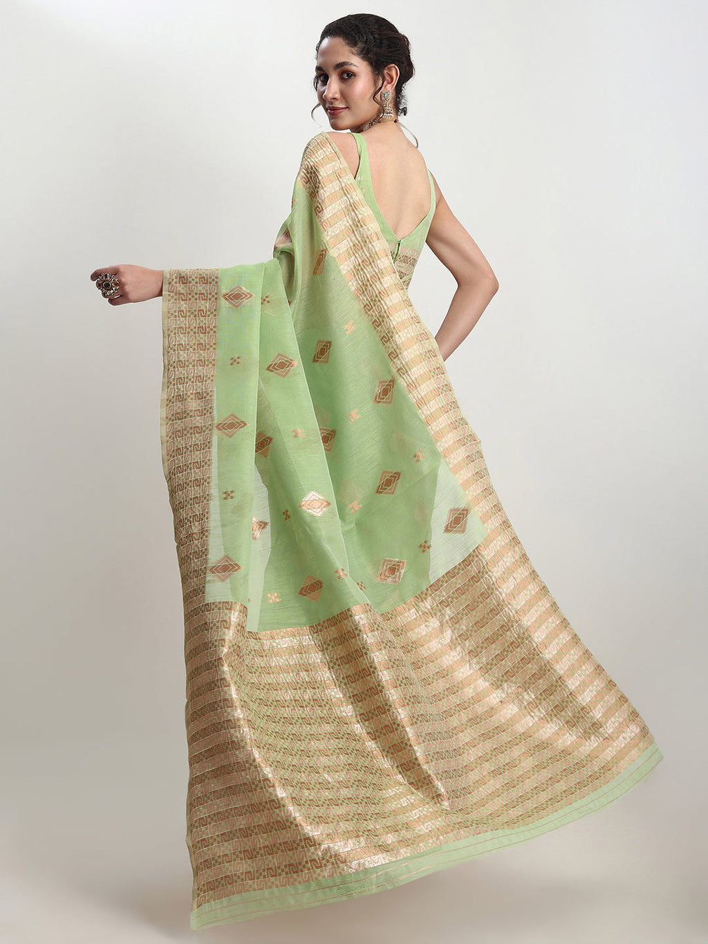 Janasya Green Linen Blend Geometric Jacquard Saree - Distacart