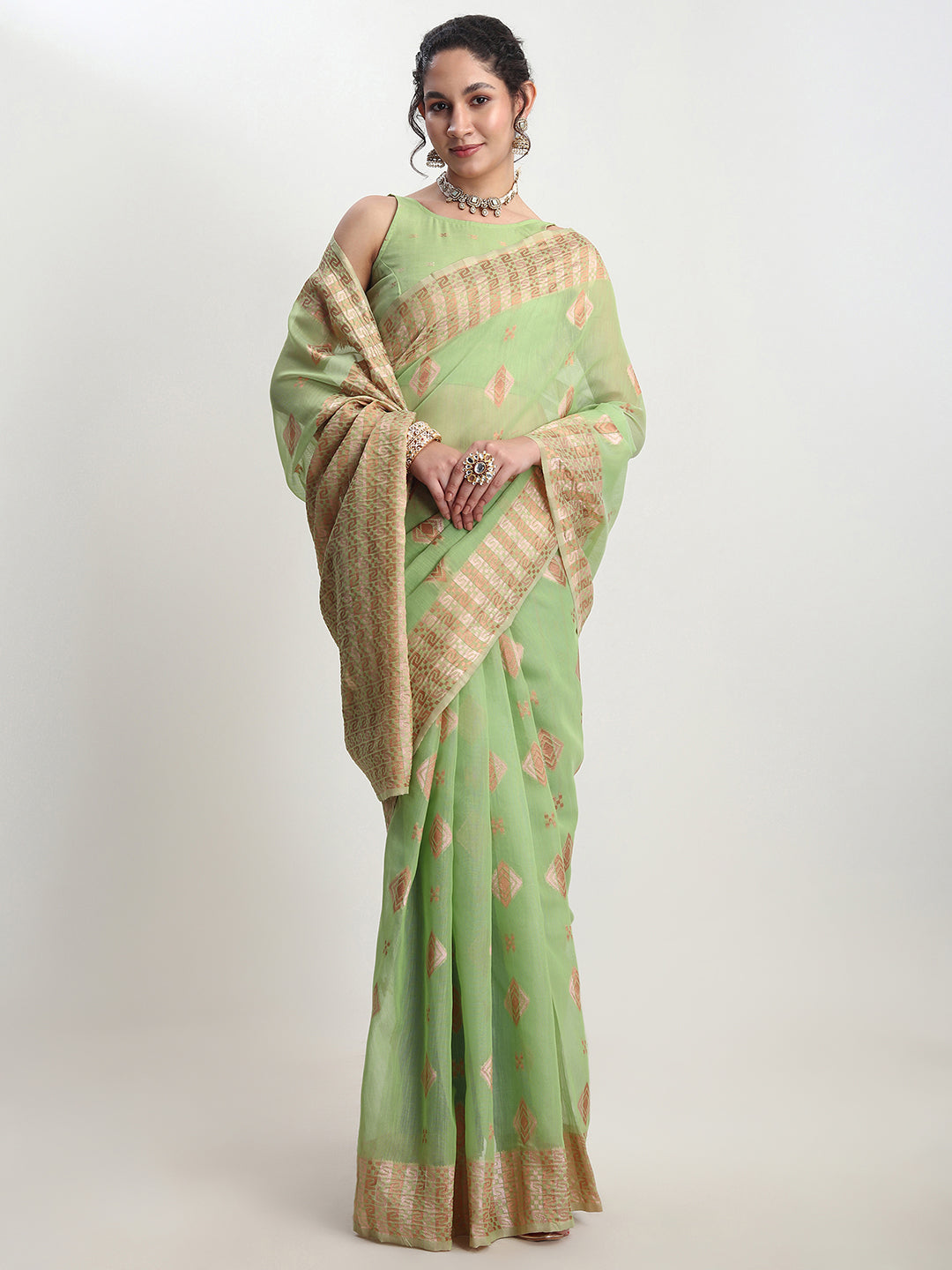 Janasya Green Linen Blend Geometric Jacquard Saree - Distacart