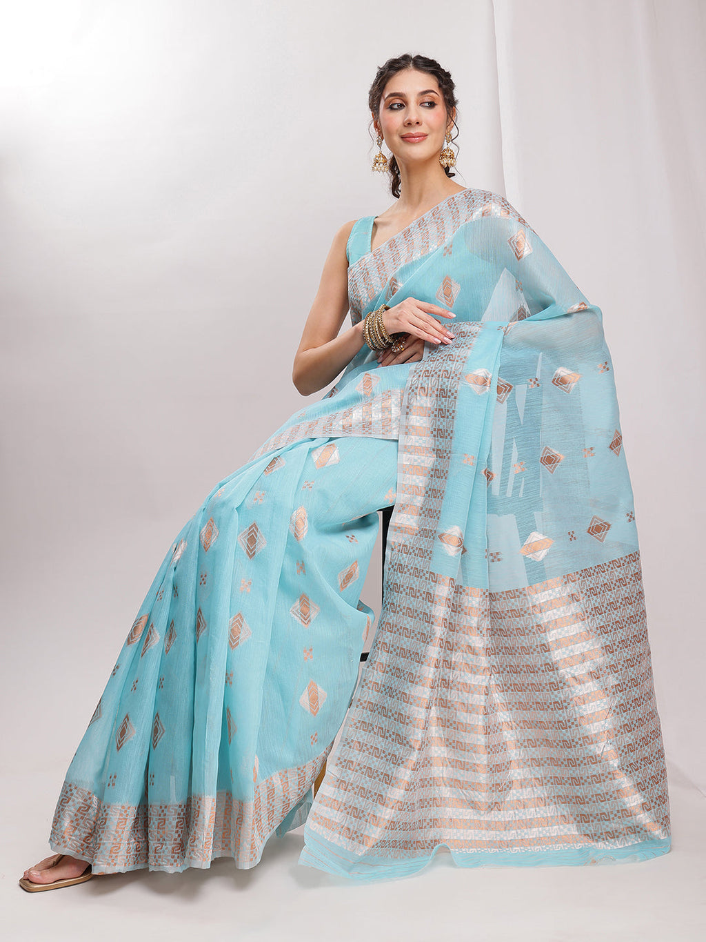 Janasya Sky Blue Linen Blend Geometric Jacquard Saree - Distacart