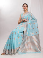Janasya Sky Blue Linen Blend Geometric Jacquard Saree - Distacart