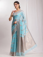 Janasya Sky Blue Linen Blend Geometric Jacquard Saree - Distacart