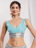 Janasya Sky Blue Linen Blend Geometric Jacquard Saree - Distacart