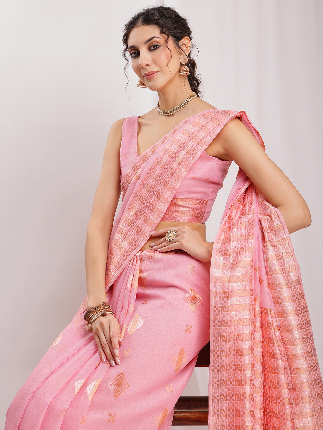 Janasya Pink Linen Blend Geometric Jacquard Saree - Distacart