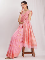 Janasya Pink Linen Blend Geometric Jacquard Saree - Distacart