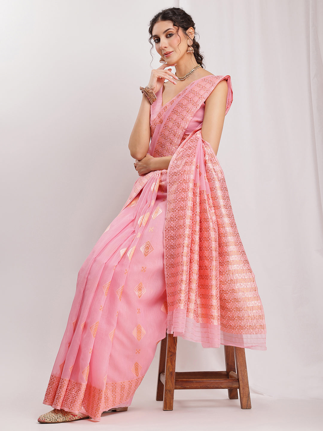 Janasya Pink Linen Blend Geometric Jacquard Saree - Distacart