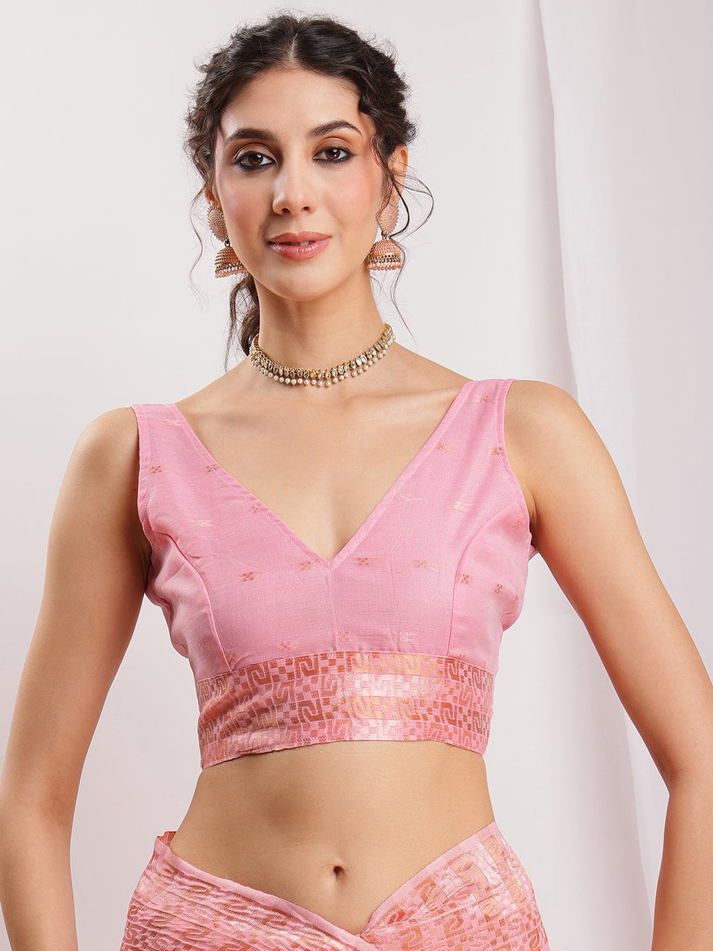 Janasya Pink Linen Blend Geometric Jacquard Saree - Distacart