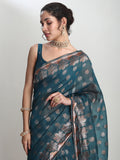 Janasya Teal Blue Linen Blend Floral Jacquard Saree - Distacart