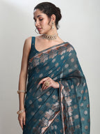 Janasya Teal Blue Linen Blend Floral Jacquard Saree - Distacart