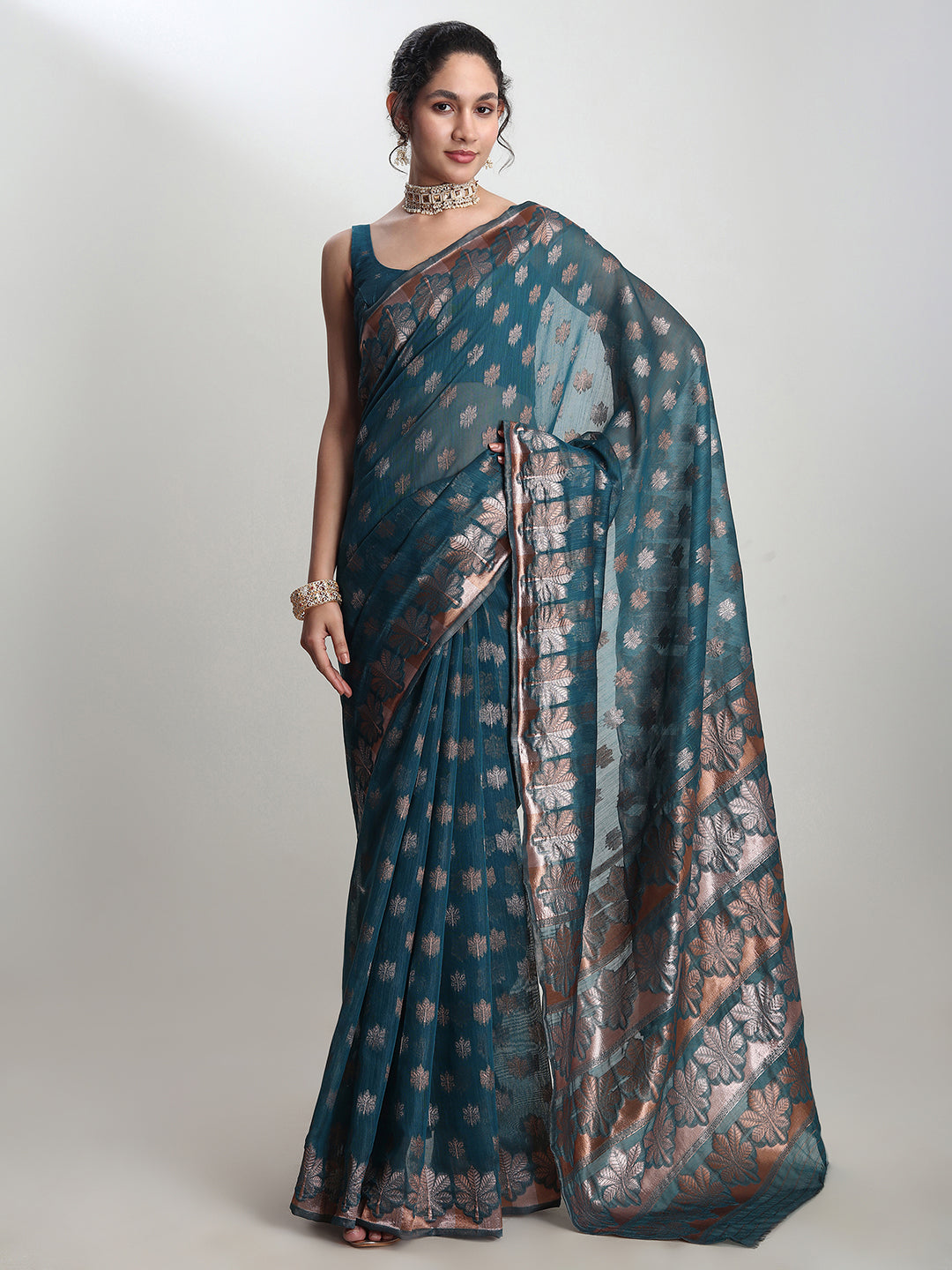 Janasya Teal Blue Linen Blend Floral Jacquard Saree - Distacart