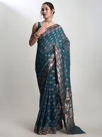 Janasya Teal Blue Linen Blend Floral Jacquard Saree - Distacart