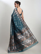 Janasya Teal Blue Linen Blend Floral Jacquard Saree - Distacart