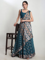 Janasya Teal Blue Linen Blend Floral Jacquard Saree - Distacart