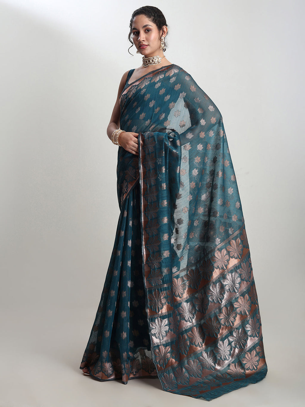 Janasya Teal Blue Linen Blend Floral Jacquard Saree - Distacart