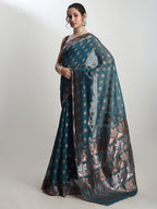 Janasya Teal Blue Linen Blend Floral Jacquard Saree - Distacart