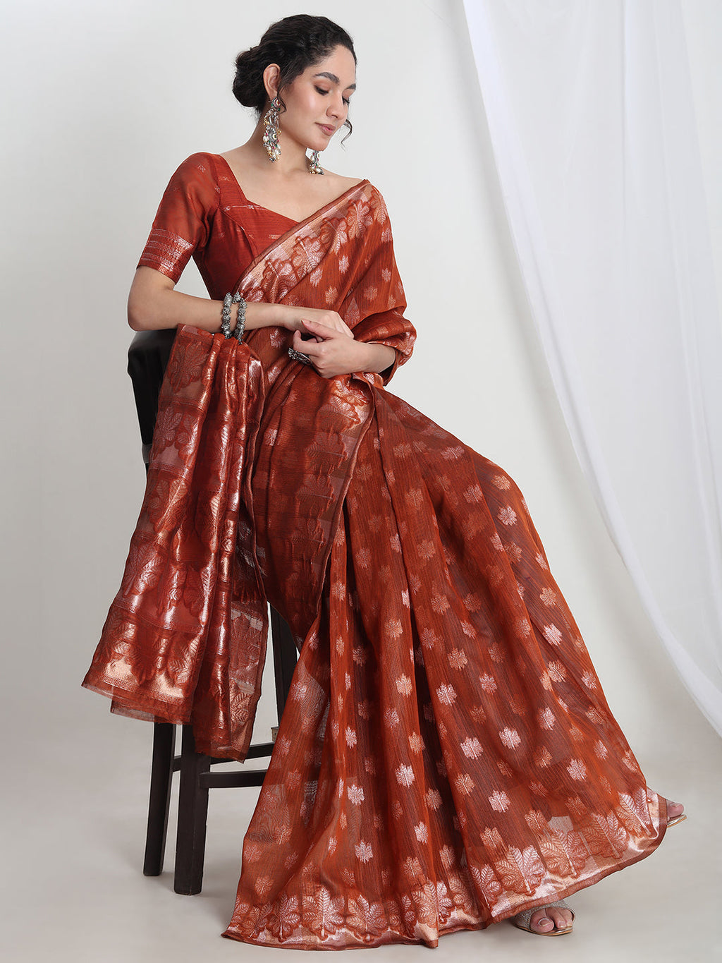 Janasya Rust Linen Blend Floral Jacquard Saree - Distacart