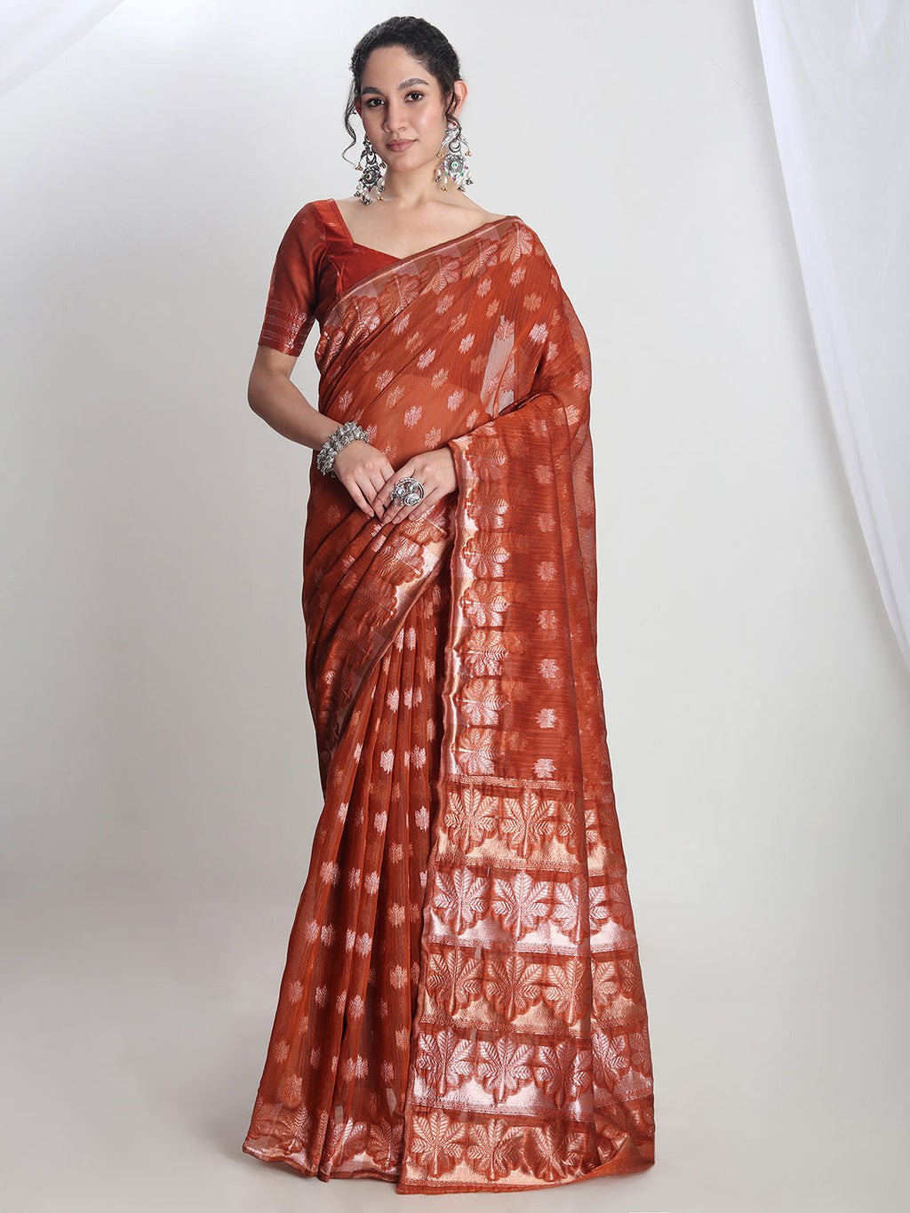 Janasya Rust Linen Blend Floral Jacquard Saree - Distacart