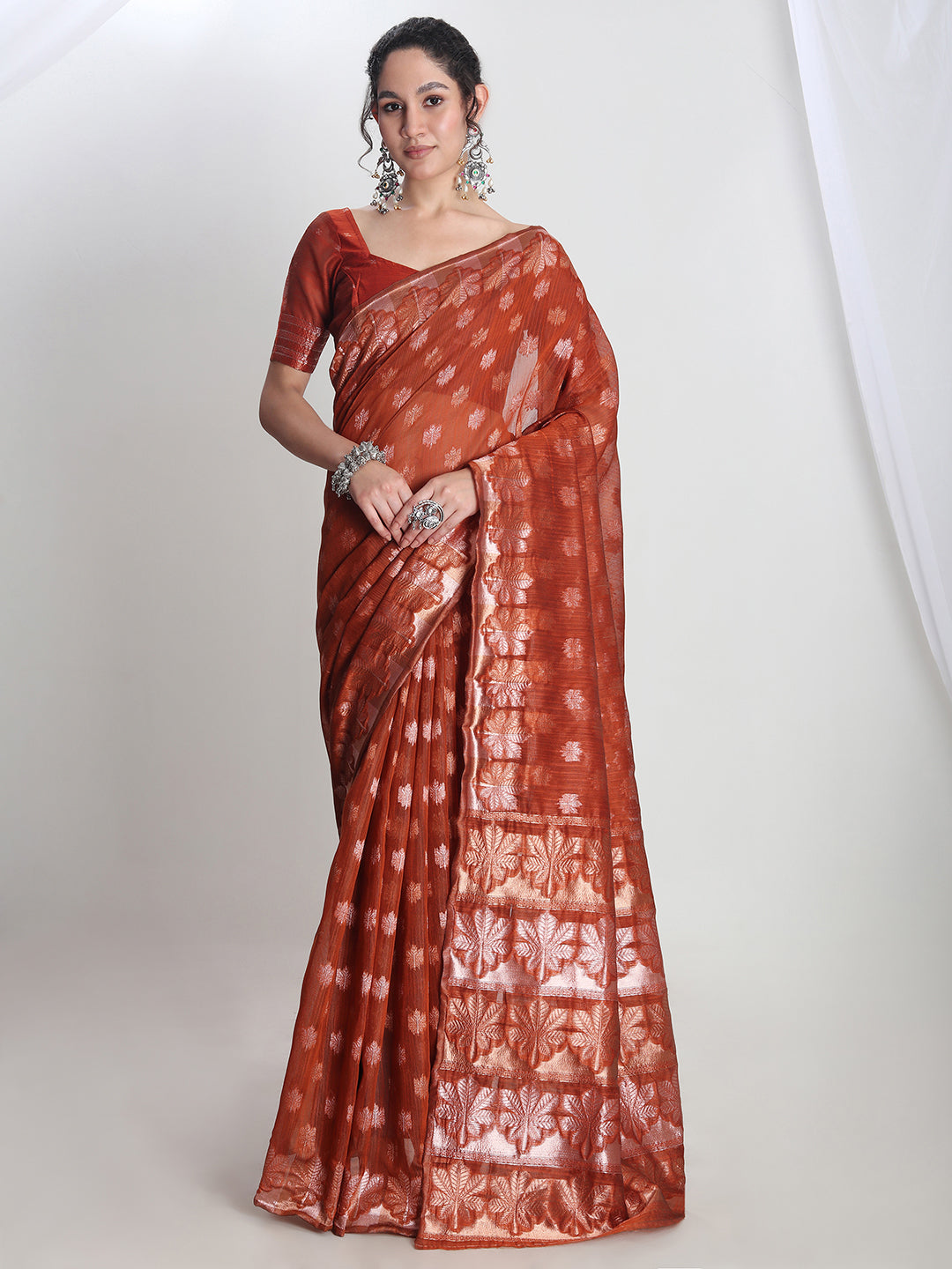 Janasya Rust Linen Blend Floral Jacquard Saree - Distacart