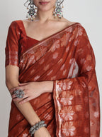 Janasya Rust Linen Blend Floral Jacquard Saree - Distacart