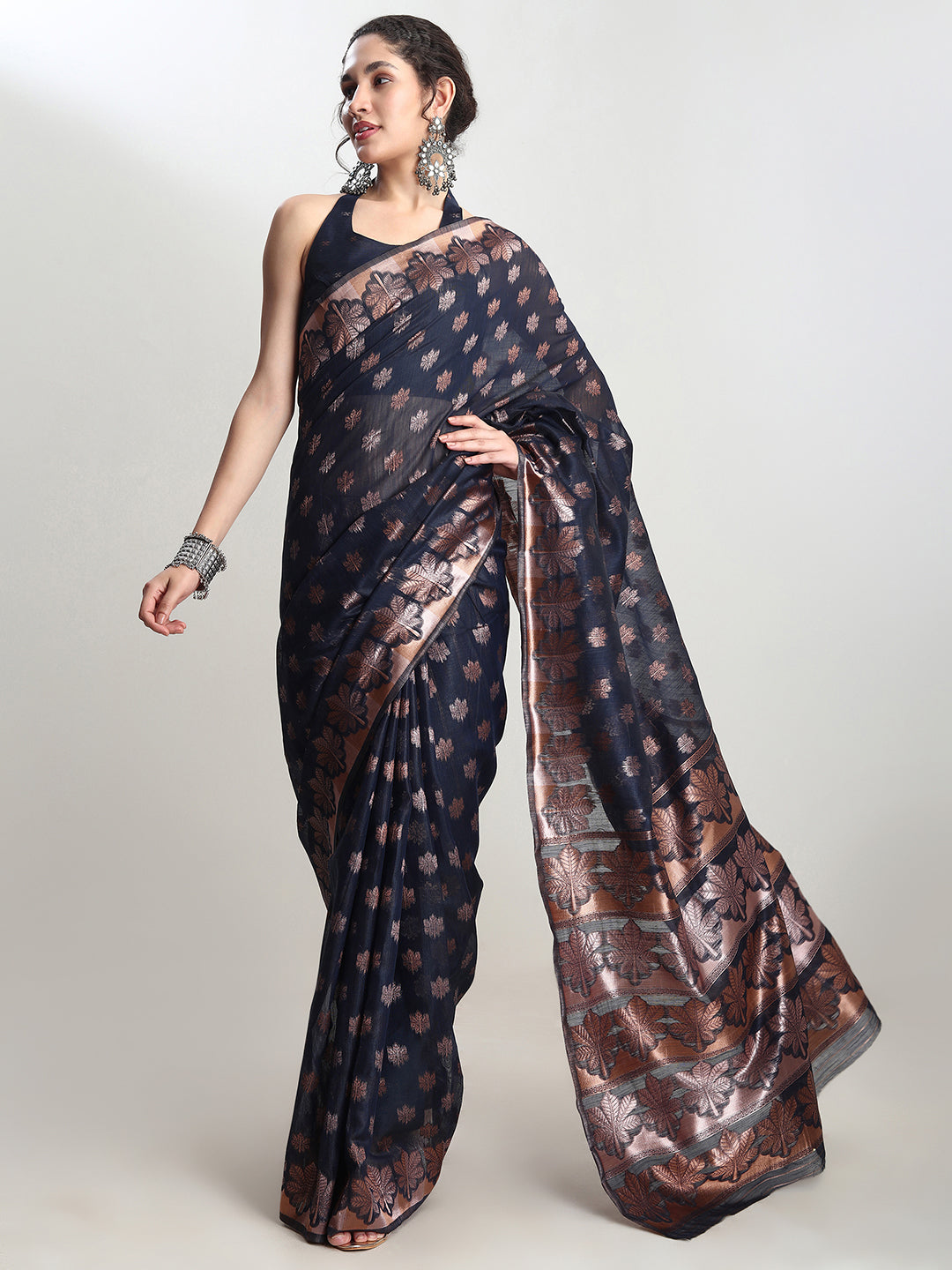 Janasya Indigo Linen Blend Floral Jacquard Saree - Distacart