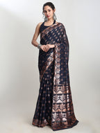 Janasya Indigo Linen Blend Floral Jacquard Saree - Distacart