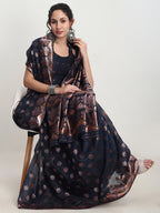 Janasya Indigo Linen Blend Floral Jacquard Saree - Distacart