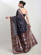 Janasya Indigo Linen Blend Floral Jacquard Saree - Distacart