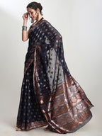 Janasya Indigo Linen Blend Floral Jacquard Saree - Distacart