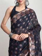 Janasya Indigo Linen Blend Floral Jacquard Saree - Distacart