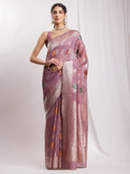 Janasya Mauve Linen Blend Floral Jacquard Saree - Distacart
