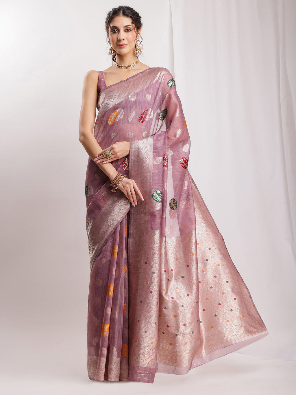 Janasya Mauve Linen Blend Floral Jacquard Saree - Distacart